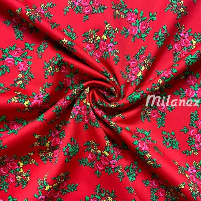 tkanina tybet bawełniany drobne róże na czerwonym tle
