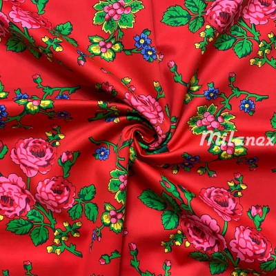 tkanina tybet bawełniany duże róże na czerwonym tle