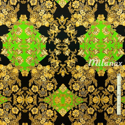 Jedwab naturalny satyna jedwabna złoty ornament zielone romby