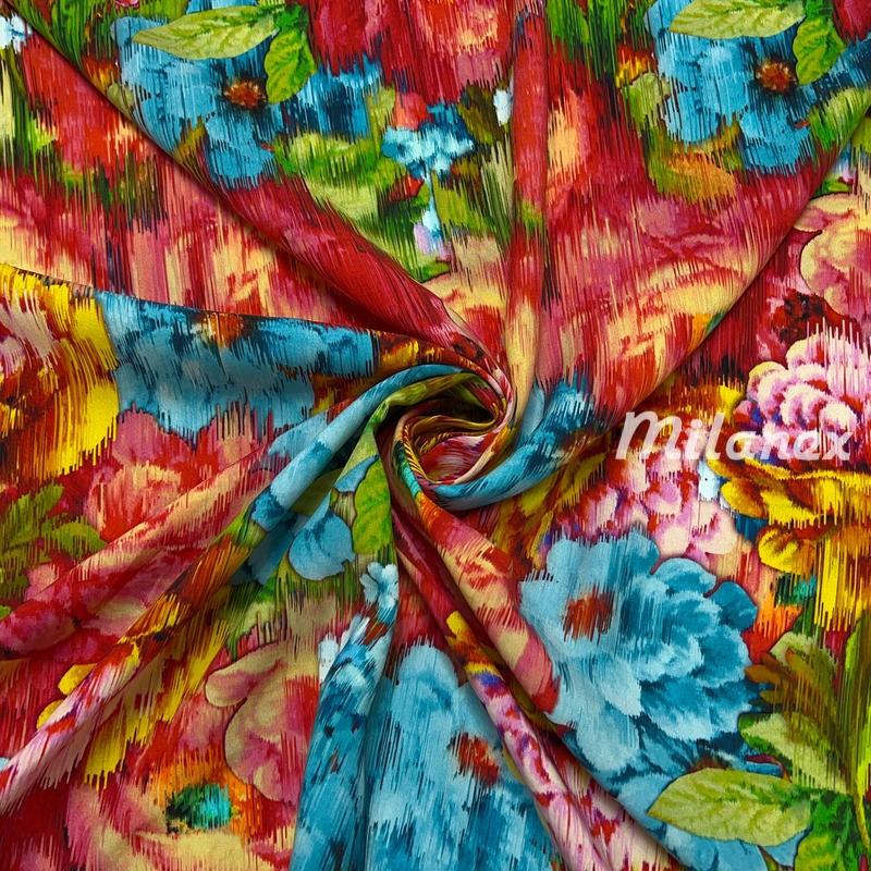 Tkanina wiskozowa kompozycja malowanych kolorowych kwiatów