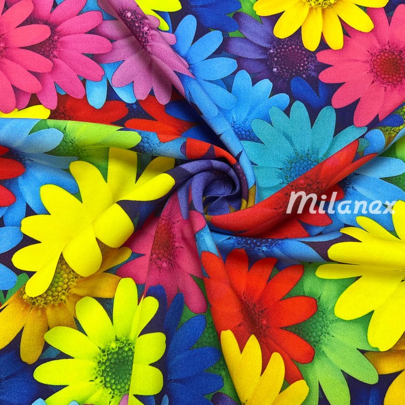 Tkanina wiskozowa kolorowe kwiaty margaretki
