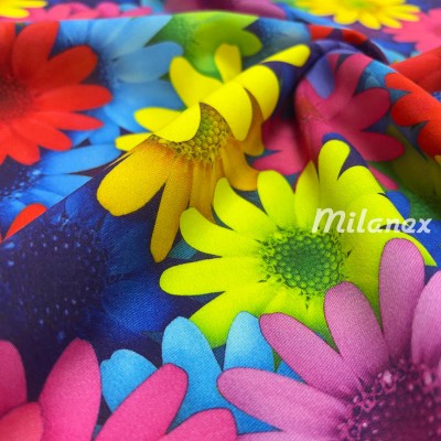 Tkanina wiskozowa kolorowe kwiaty margaretki