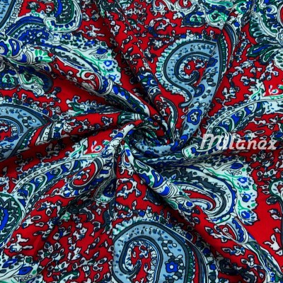 tkanina wiskozowa turecki paisley niebieski na czerwonym tle