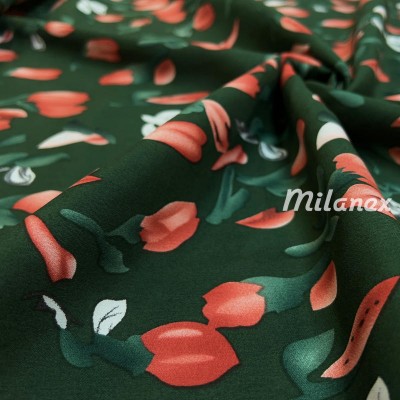 Tkanina wiskozowa czerwone tulipany na zielonym tle