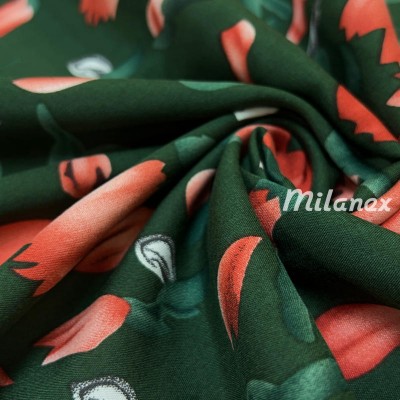 Tkanina wiskozowa czerwone tulipany na zielonym tle