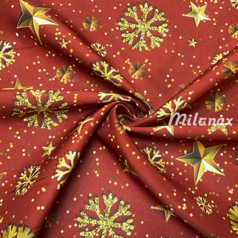 Tkanina dekoracyjna świąteczna oxford złote śnieżynki na czerwonym tle