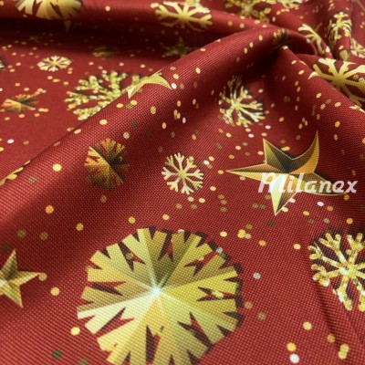 Tkanina dekoracyjna świąteczna oxford złote śnieżynki na czerwonym tle