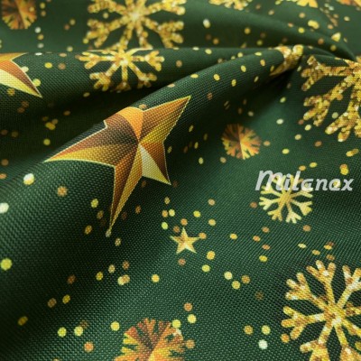 Tkanina dekoracyjna świąteczna oxford złote śnieżynki na zielonym tle